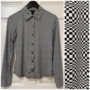 Y2K 00s Moda International Checkered Psychedelic Op Art Button Down Shirt M